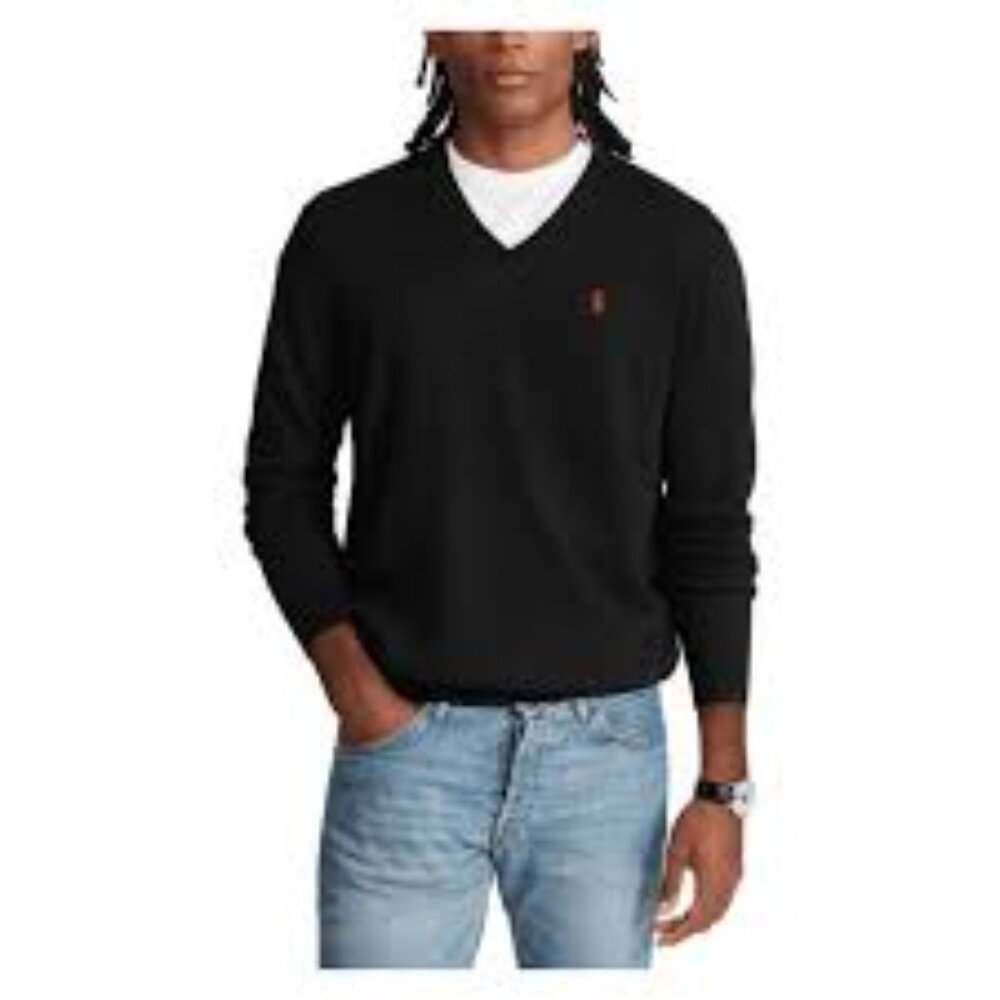 Excellent condition Polo by Ralph Lauren Men's black Charcoal V-Neck Sweater L